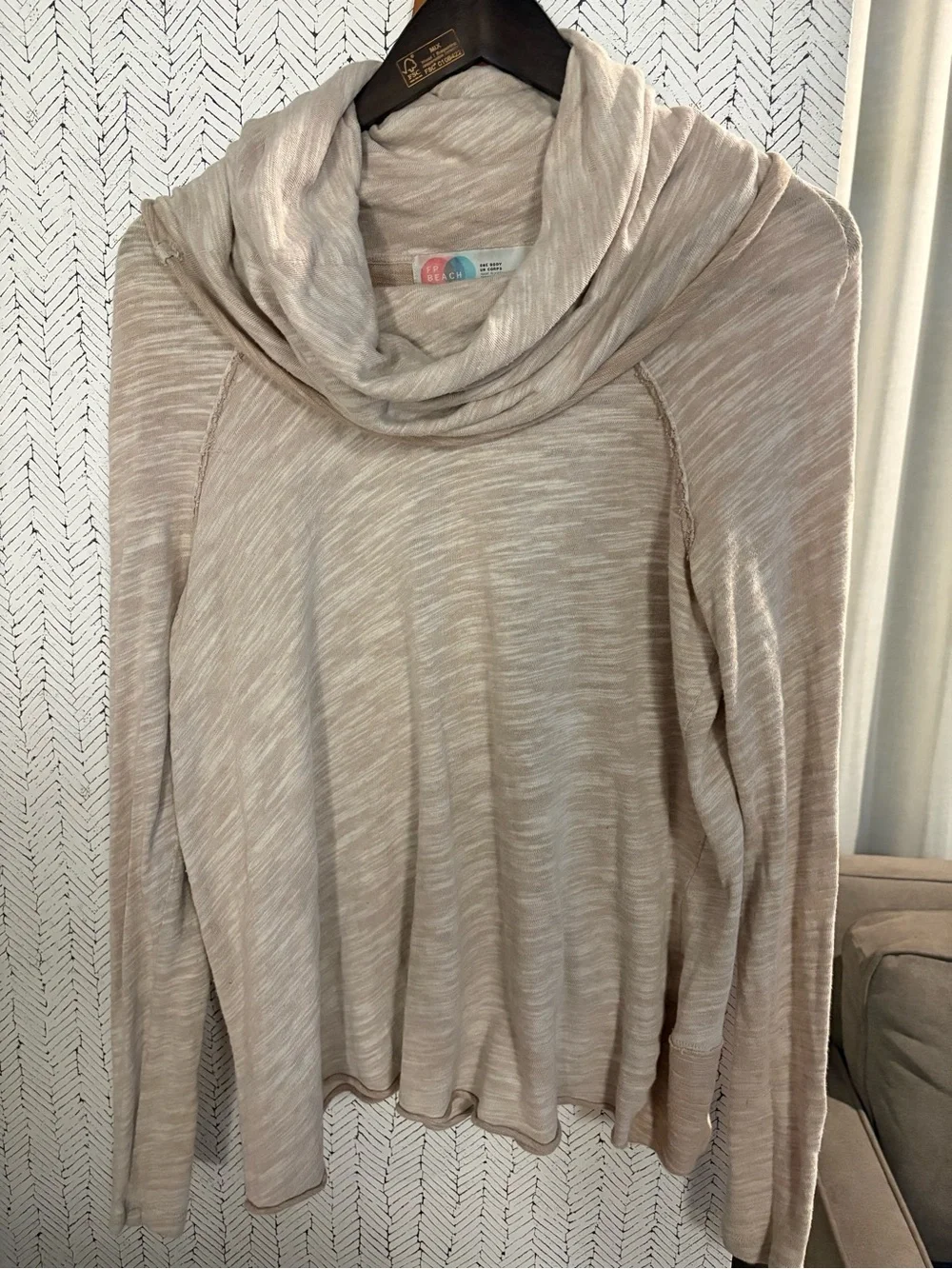 Free People FP Beach Cocoon Cowl Pullover 100% Cotton Oatmeal Color EUC